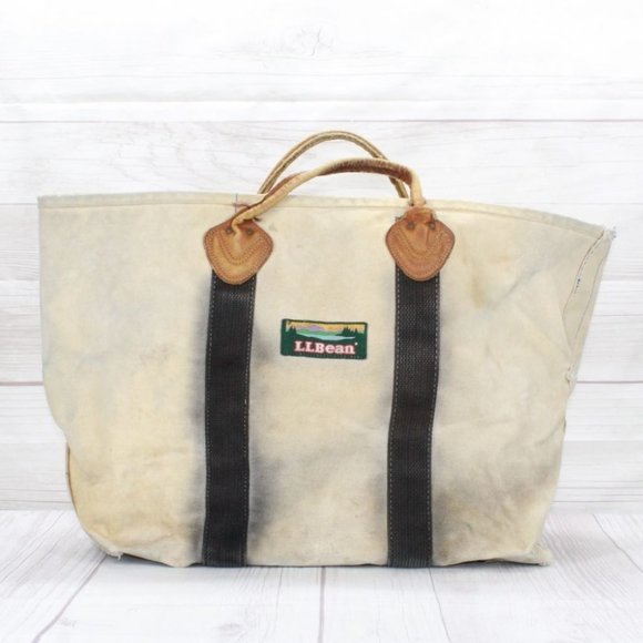 L.L. Bean Handbags - Vintage LL Bean Cream Canvas Leather Double Handle Zipper Tote Boat Beach Bag